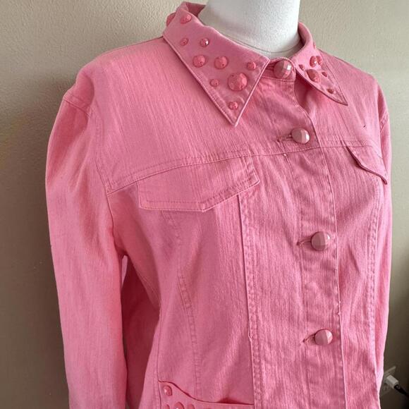 Pink jean jacket and matching jeans with gem buttons and studded collar! - Picture 1 of 7